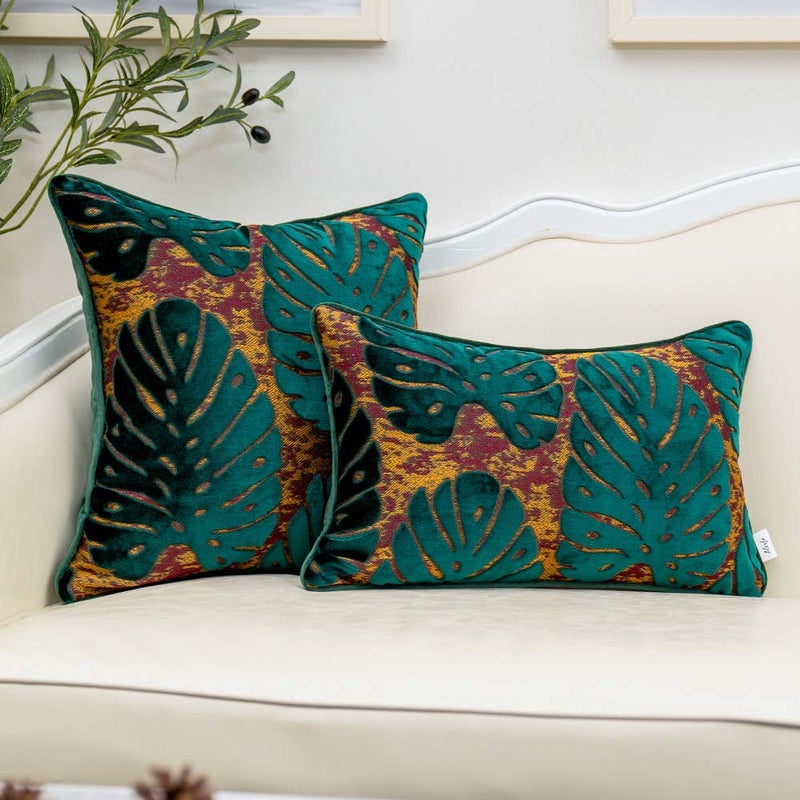 Alerfa 20 x 20 Inch Square Leaf Pillow Embroidery Cut Velvet Cushion Case Luxury Modern Lumbar Throw Pillow Cover Decorative Pillow for Couch Sofa Living Room Bedroom Car, Teal Green - Image 4